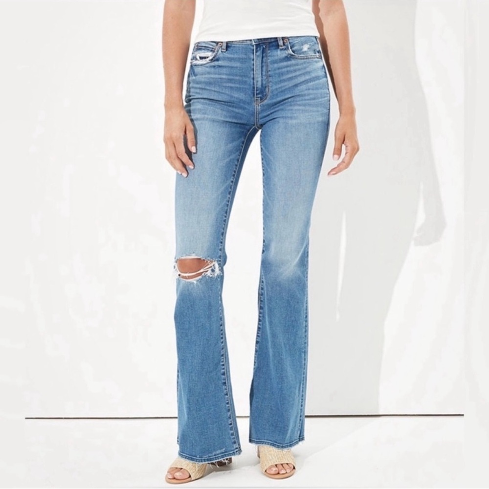 American Eagle Super Hi-rise Flare Distressed Jeans Women 6 Blue